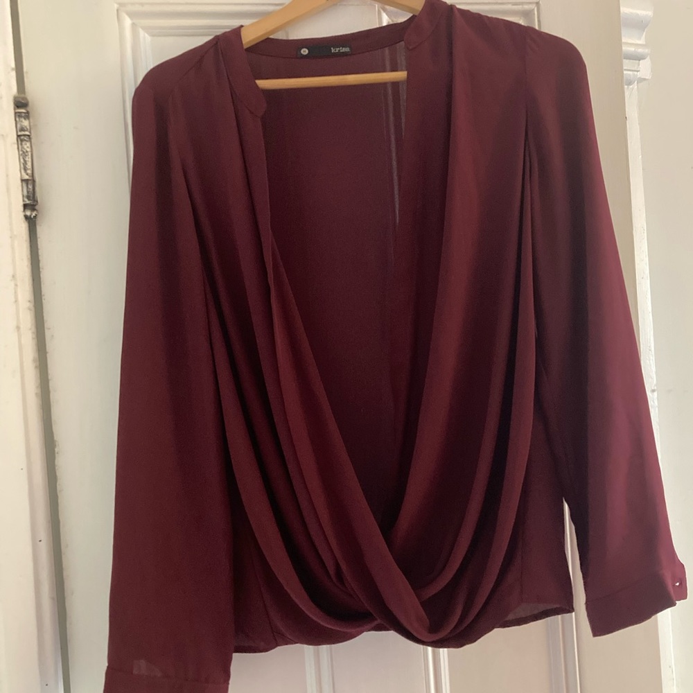 Krisa chiffon blouse with plunging drape front in deep wine color